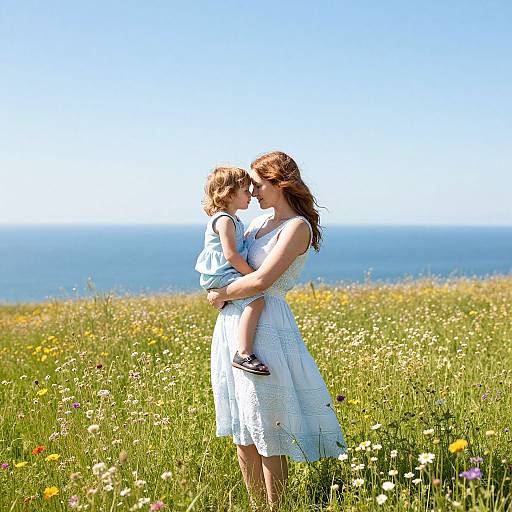 Photograph of a red-haired woman in a white dress, holding a toddler in a light blue outfit, standing in a sunny meadow with wildflowers