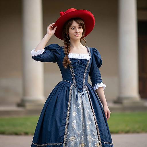 Photograph of a young woman in a blue, Victorian-style dress with white lace, wearing a red hat, standing outdoors against a columned building.