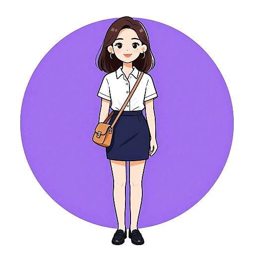 Digital anime-style drawing of a smiling young woman with brown hair, wearing a white shirt, navy skirt, black shoes, and brown shoulder bag, against