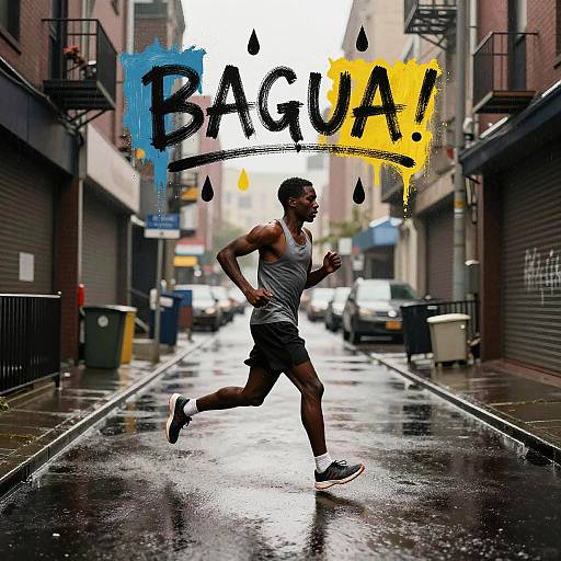 Photograph of a muscular Black man in a gray tank top and black shorts running down a wet urban alleyway with 