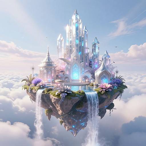 Surreal Floating Island with Crystal Waterfalls