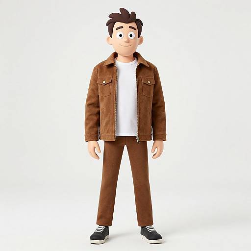 3D cartoon boy with black hair, brown jacket, white shirt, brown pants, black shoes, standing against plain white background.