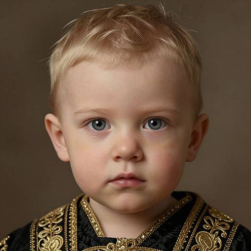 Photograph of a young boy with blue eyes, light blonde hair, and fair skin, wearing an ornate black and gold robe, looking directly at
