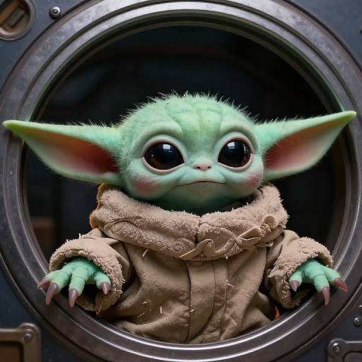 Photograph-style CGI of a cute, green, big-eyed goblin-like creature with large ears, wearing a fuzzy brown jacket, peering out of