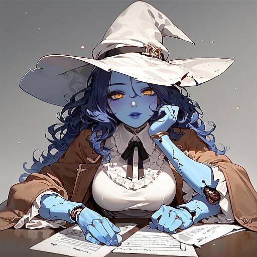 Digital anime-style illustration of a blue-skinned, orange-eyed witch with long dark hair, wearing a white hat and brown coat, writing at a desk