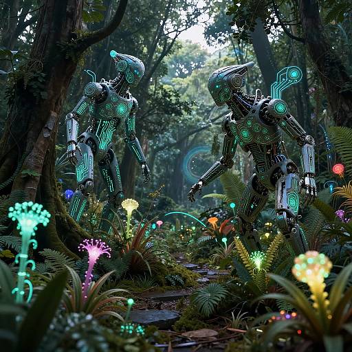 Digital art of glowing, neon-lit, humanoid robots interacting in a lush, bioluminescent forest, surrounded by vibrant, colorful plants.