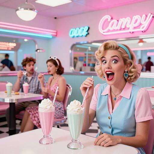 Photograph of a 1950s-style diner with a blonde woman in blue vest and pink collar, surprised expression, milkshakes, neon signs