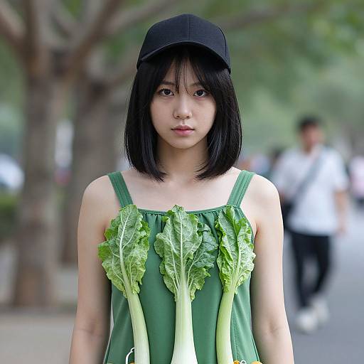 Young East Asian woman with black bob haircut and black cap, wearing a green dress with leafy vegetables, standing outdoors on a blurred street. Photoreal