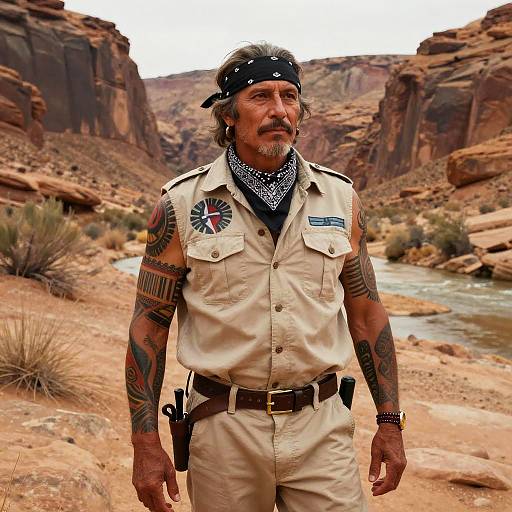 Photograph of a tattooed, middle-aged man with a mustache, wearing a beige ranger uniform, black bandana, and badge, standing in