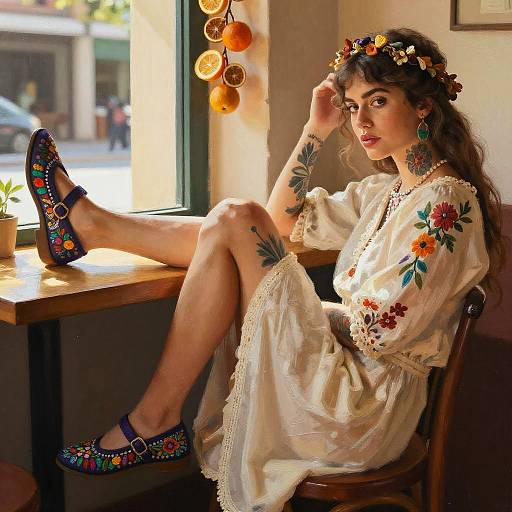 Bohemian Woman in Sunlit Café