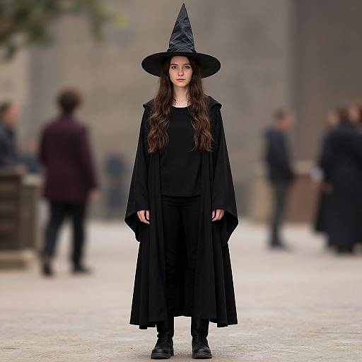Photograph of a young woman with long brown hair, wearing a black witch hat, long black cloak, and black outfit, standing in a blurry,