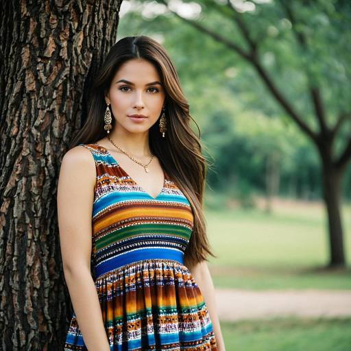 Woman in Multicolored Dress by Tree