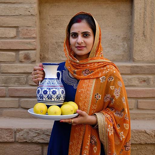 Photograph of a smiling Indian woman in an orange and gold traditional saree, holding a blue-patterned pitcher and a plate of yellow lemons,