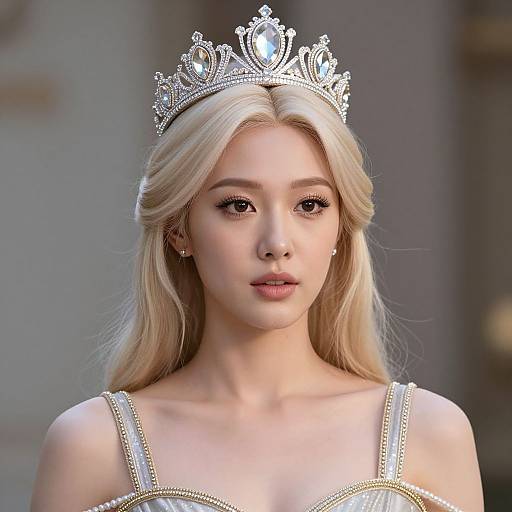 Photorealistic digital portrait of a blonde woman with fair skin, wearing a silver tiara and a beaded, strapless gown, with a soft