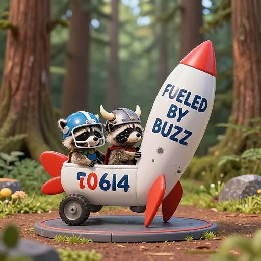Cute Raccoons in Rocket Toy in Redwood Forest