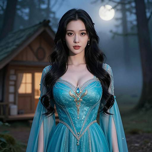 Digital art of an Asian woman with long black hair, wearing a blue, sparkly, corseted dress with gold embroidery, standing in a mist