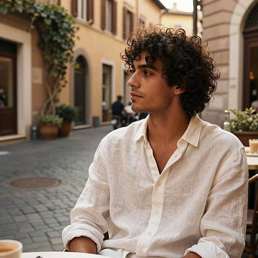 Italian Curly-Haired Man at Café