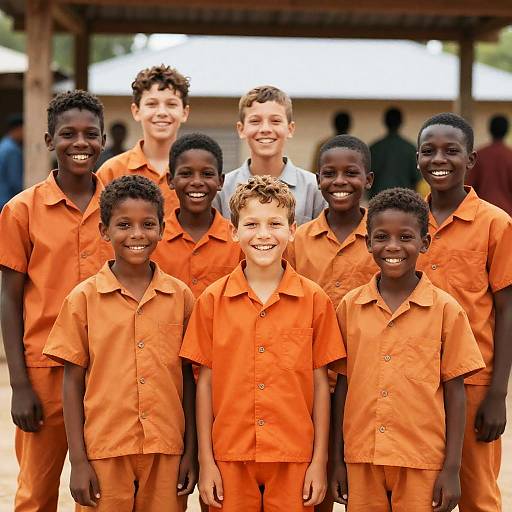 Group of boys in orange uniforms outdoors