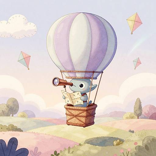 Whimsical Alien in Pastel Hot Air Balloon