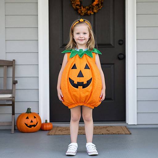 Photograph of a smiling young girl in a pumpkin dress with green leaf collar, white shoes, standing on porch with black door, two jack-o'-