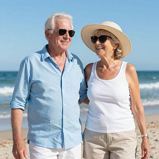 Photograph of smiling elderly couple on beach, man in light blue shirt, white pants, woman in white tank top, beige hat, sunglasses. Blue
