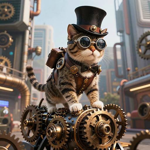Steampunk Cat in Futuristic City