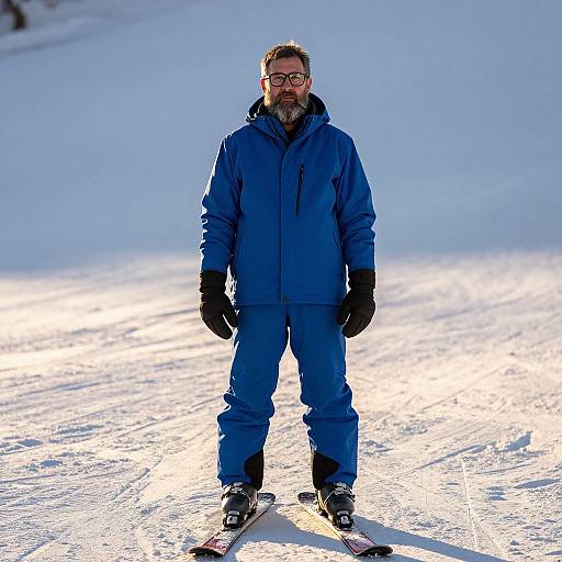 Photograph of a bearded man in blue ski gear, black gloves, and glasses, standing on a sunlit snowy slope with skis.