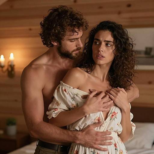 Intimate Embrace of Couple in Wooden Room