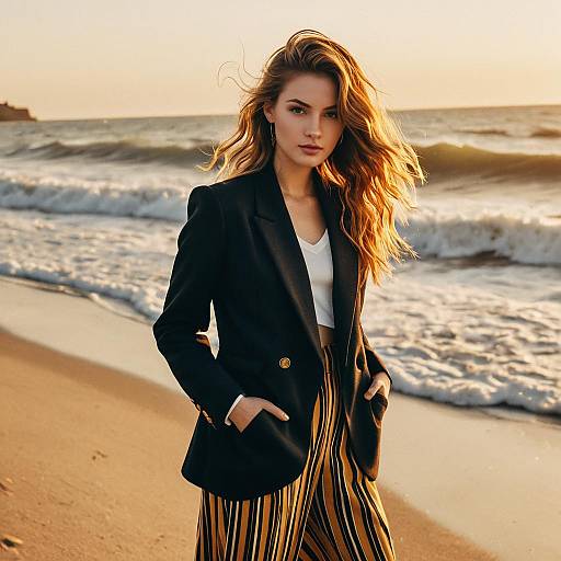 Fashion Model with Layered Waves Hairstyle on Beach