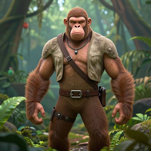 CGI image of a muscular, anthropomorphic gorilla in a jungle, wearing a cropped, green military-style shirt, brown pants, belt, and