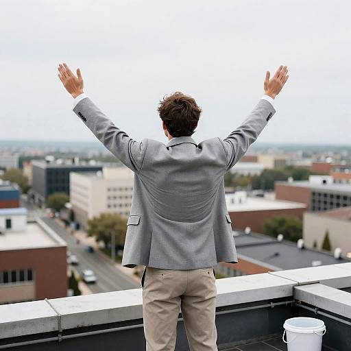 Man in Gray Suit on Rooftop with Raised Arms
