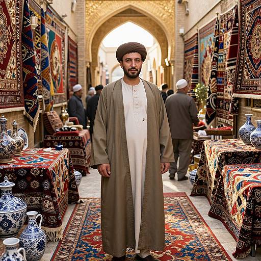 Photograph of a bearded Middle Eastern man in a white traditional robe and brown coat, standing in a vibrant, patterned bazaar with ornate
