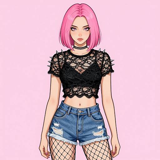 Digital anime-style drawing of a pink-haired woman with purple eyes, wearing a black lace crop top, denim shorts, fishnet stockings, and a ch