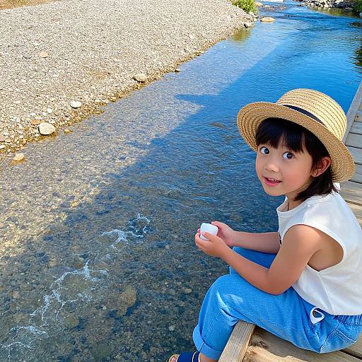 Child Watching Stream on Sunny Dock