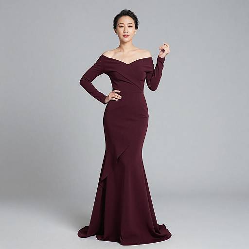 Confident Asian Woman in Burgundy Gown