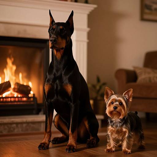 Doberman-Yorkie Mix by Fireplace