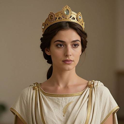 Photograph of a young woman with olive skin, dark brown hair in a braid, wearing a gold crown and cream, gold-trimmed ancient