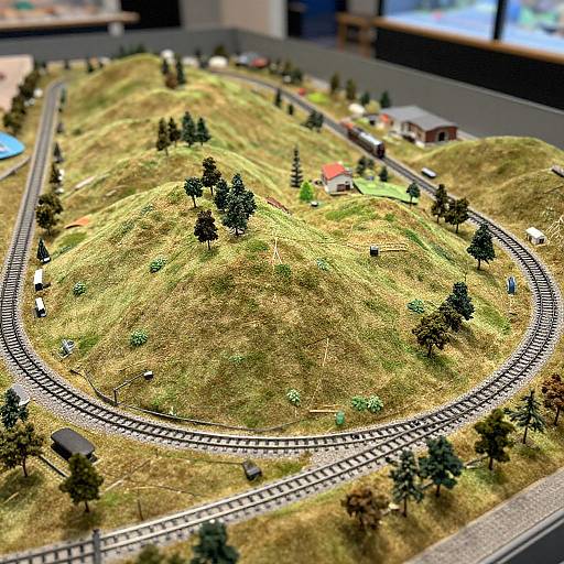 Photograph of a detailed, colorful miniature model railway landscape with winding tracks, small trees, grassy hills, buildings, and tiny vehicles.