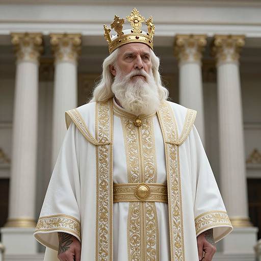 Photograph of an elderly white man with a long white beard, wearing an ornate gold crown and white, gold-embroidered ecclesiast