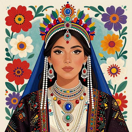Digital illustration of a beautiful Latina woman with long dark blue hair, adorned with colorful jewels and a flower crown, surrounded by vibrant flowers. Traditional, orn