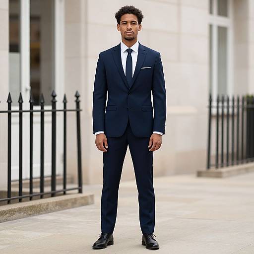 Photograph of a handsome, dark-skinned man with curly hair in a sharp navy suit, white shirt, and black tie, standing confidently on a