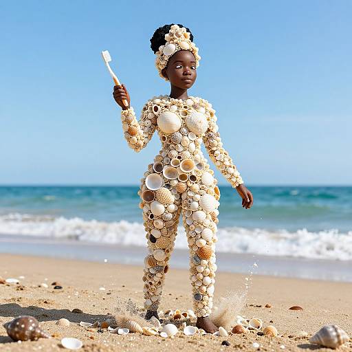 Photograph of a young African girl on a beach, wearing a costume made of seashells, holding a popsicle, with waves in the background