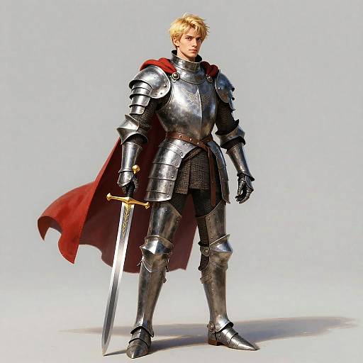 Photorealistic CGI of a blonde, muscular knight in shiny silver armor, red cape, holding a sword, standing confidently against a plain light blue background