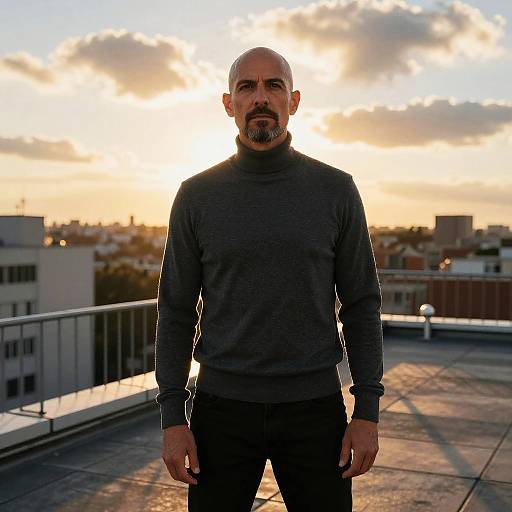 Photograph of a bald, bearded man with a serious expression, wearing a dark gray long-sleeve shirt, standing on a rooftop at sunset