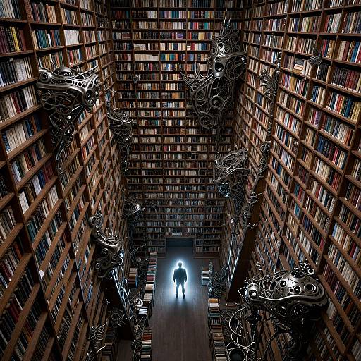 Photograph of a towering, dimly lit library with wooden bookshelves, a silhouette figure in the center, and intricate black metal sculptures on the