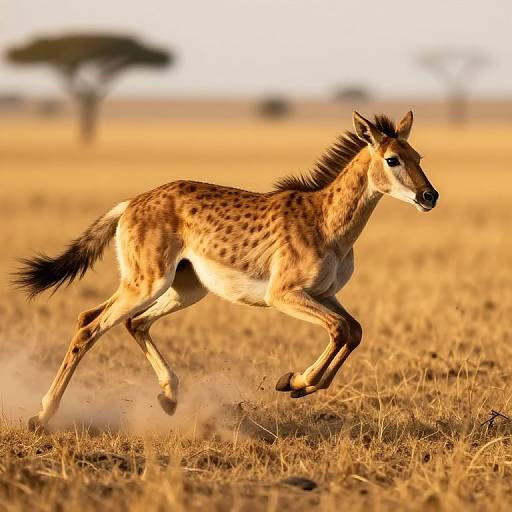Photograph of a young, spotted hyena running across a golden, sunlit savanna with blurred acacia trees in the background. Dust kicks up