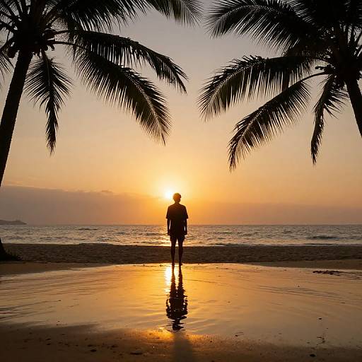 Silhouetted person standing on wet beach at sunset, framed by two palm trees, with vibrant orange and yellow sky reflecting on sand.