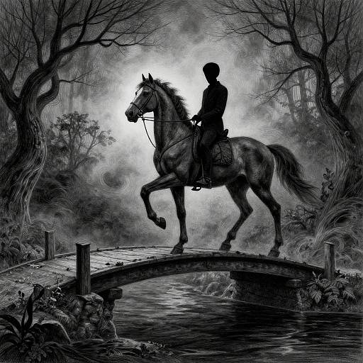 Headless Horseman Crossing Foggy Bridge