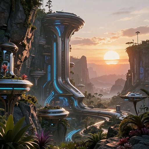 Photorealistic digital artwork of a futuristic, sci-fi landscape at sunset, featuring glowing blue city structures on floating rock formations, surrounded by lush, alien