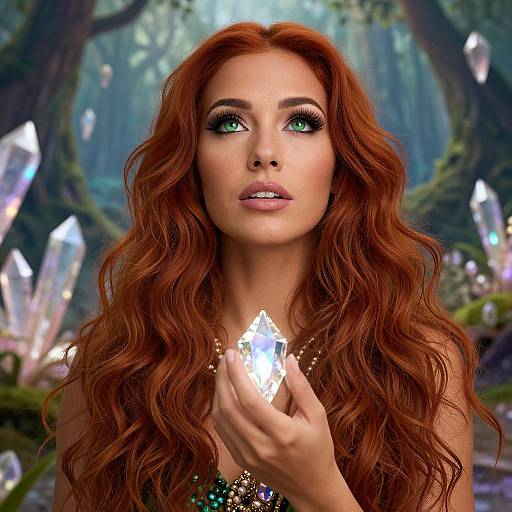 Digital fantasy portrait of a red-haired woman with green eyes, holding a glowing crystal, in a mystical forest with crystalline formations.